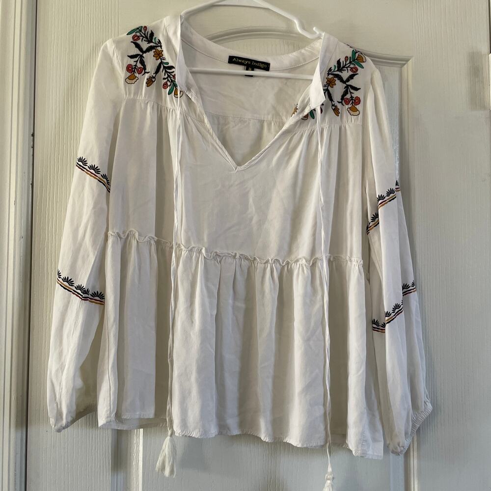 Always Indigo White Embroidered Peasant Boho Blouse Top Medium